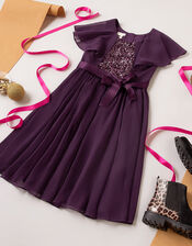 Cape Sleeve Sequin Dress in Recycled Fabric, Purple (PURPLE), large