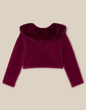 Faux Fur Collar Cardigan, Red (BURGUNDY), large