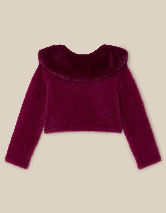 Faux Fur Collar Cardigan, Red (BURGUNDY), large