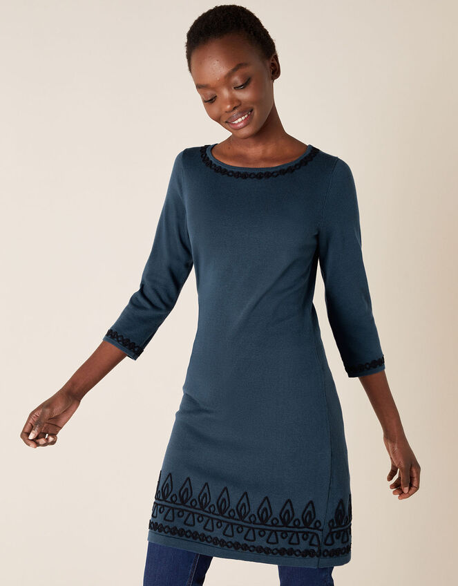 Cornelli Trim Knit Dress, Teal (TEAL), large