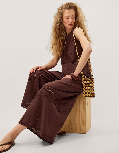Eden Palm Cutwork Wide Leg Trousers , Brown (BROWN), large