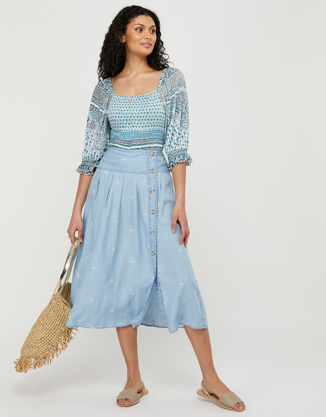 Elsie Floral Embroidered Skirt in LENZING™ TENCEL™ Blue | Skirts | Monsoon