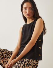 Lucy Linen Blend Button Tank Top, Black (BLACK), large