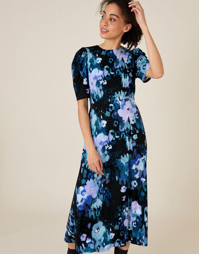 Mason Blurred Floral Midi Dress, Blue (BLUE), large