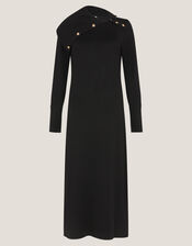 Cate Button Collar Midi Sweater Dress, Black (BLACK), large