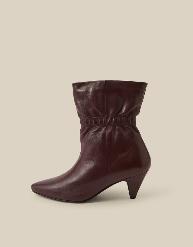 Fia Ruched Leather Kitten Heel Boots, Red (BURGUNDY), large
