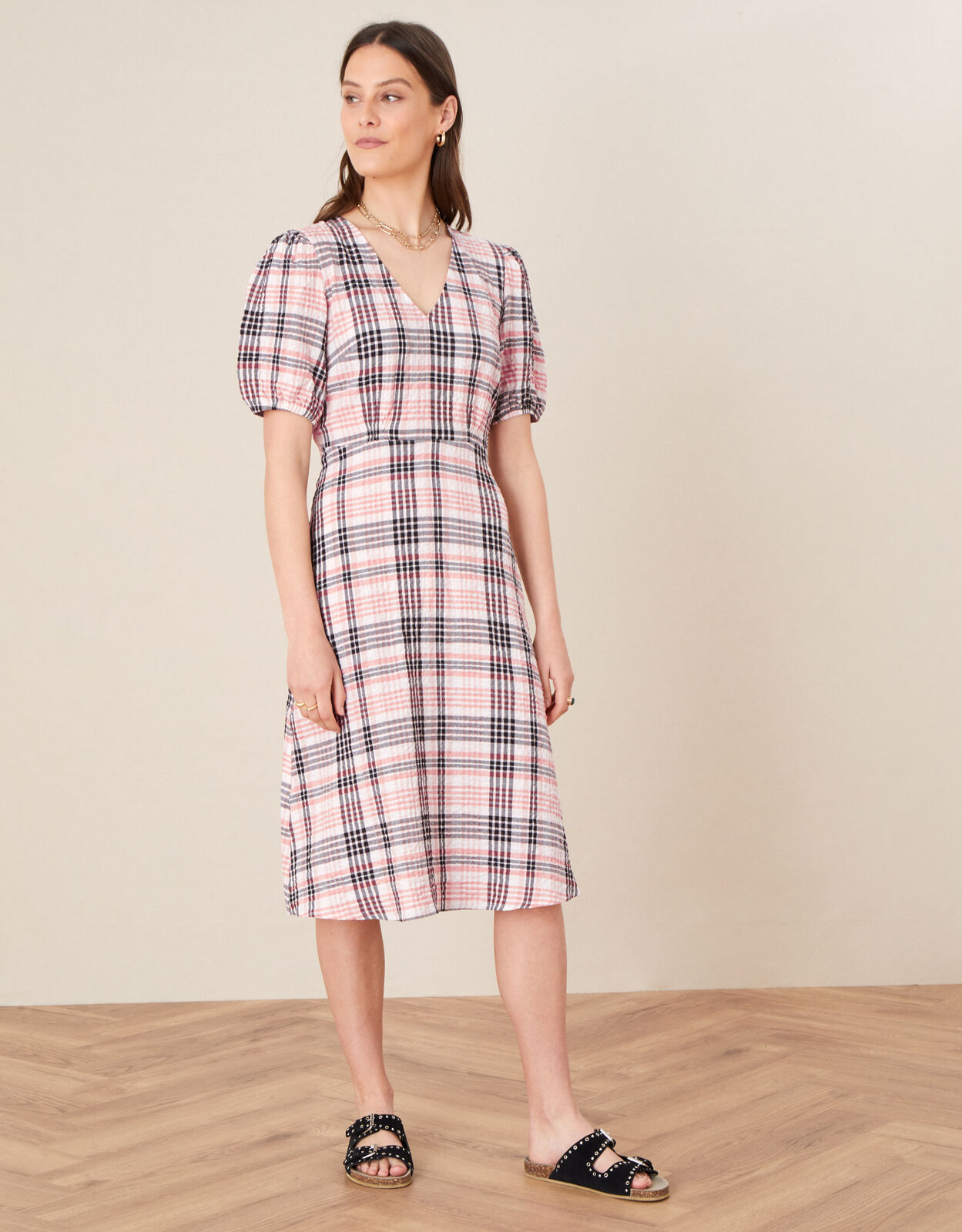 Check Print Textured Midi Dress Natural