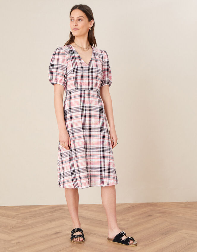 Check Print Textured Midi Dress, Natural (STONE), large