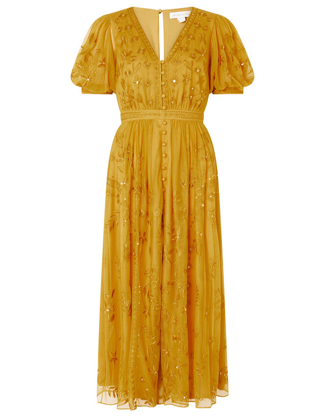 Valerie Sequin Embroidered Tea Dress, Yellow (OCHRE), large