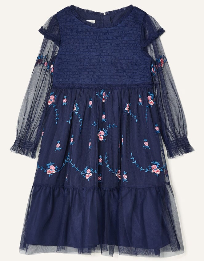 Floral Embroidered Long Sleeve Dress, Blue (NAVY), large