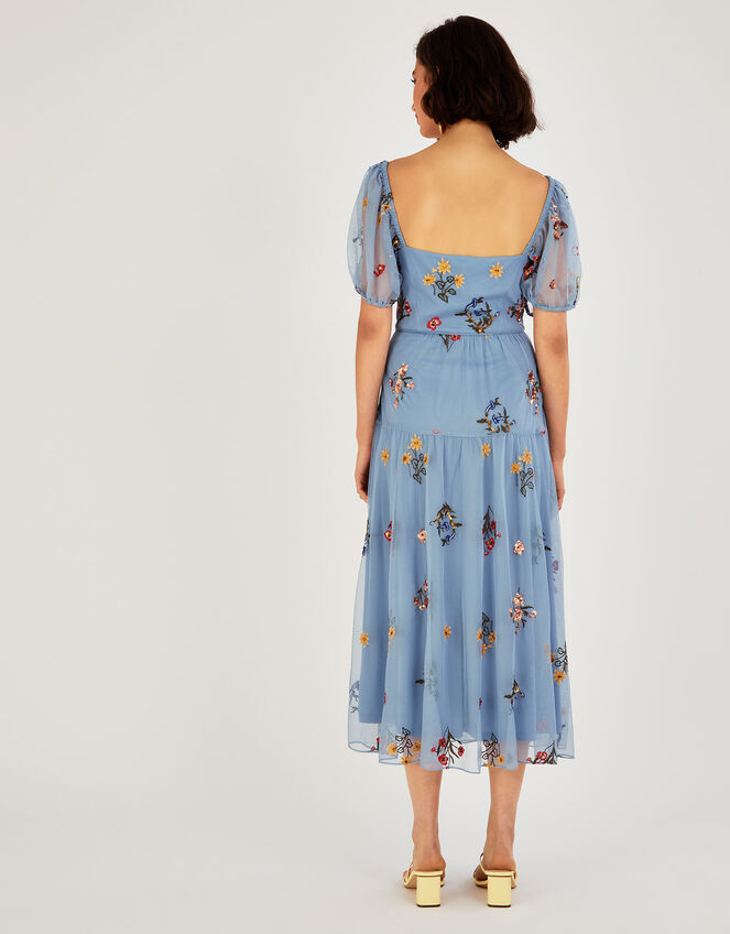 Cressida Embroidered Midi Dress in Recycled Polyester, Blue (BLUE), large