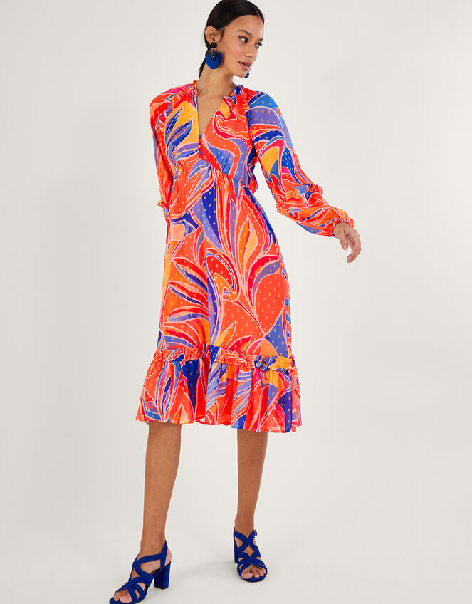 Ariel Print Tiered Dress, Orange (ORANGE), large