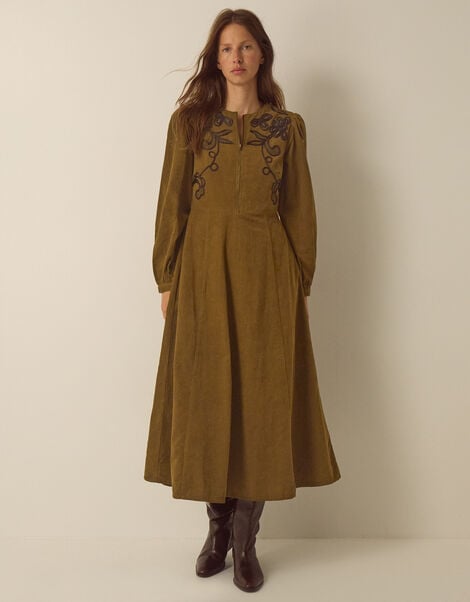Edie Long Sleeve Embroidered Corduroy Midi Dress, Green (CHARTREUSE), large