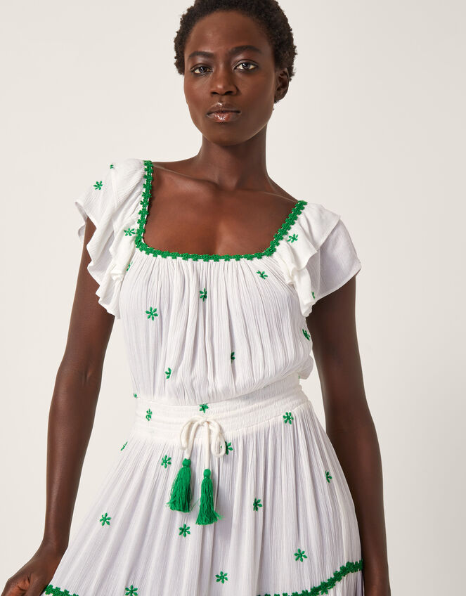 Isabelle Embroidered Square Neck Midi Dress, White (WHITE), large