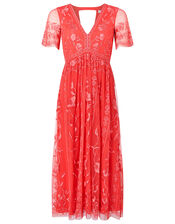 Valentina Embroidered Midi Dress, Orange (CORAL), large