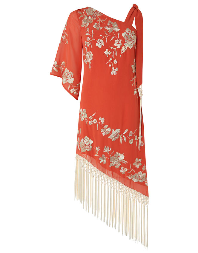 Pasty Floral Embroidered Fringe Dress, Orange (CORAL), large