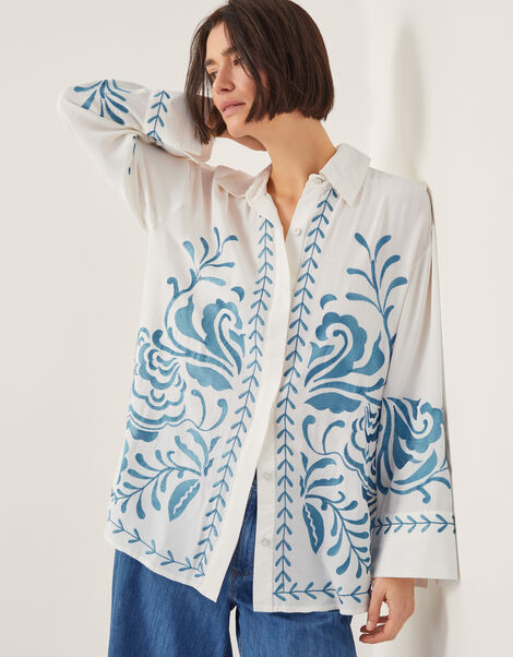 Cora Leaf Embroidered Shirt, White (WHITE), large