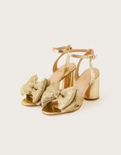 Metallic Bow Block Heel Sandals, Gold (GOLD), large