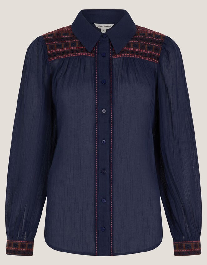 Felicity Embroidered Cotton Shirt, Blue (NAVY), large