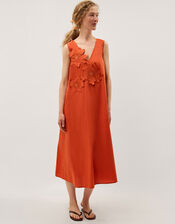 Rosalie Floral Appliqu&eacute; Cotton Midi Dress, Orange (ORANGE), large