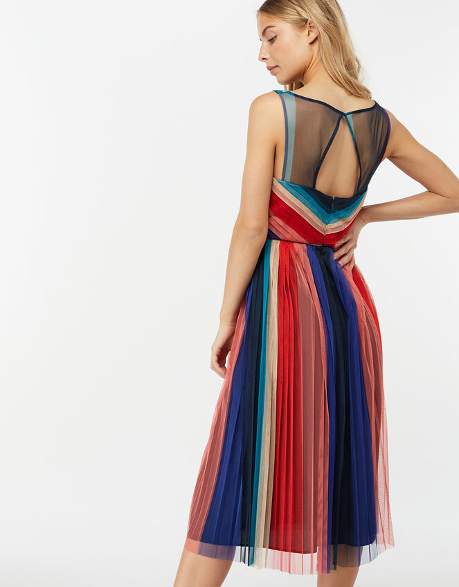 Simone Stripe Pleated Mesh Dress, Blue (NAVY), large