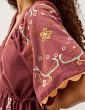 Greta Short Sleeve Embroidered Midi Dress, Brown (BROWN), large