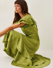 Ester Satin Ruffle Midi Dress, Green (OLIVE), large