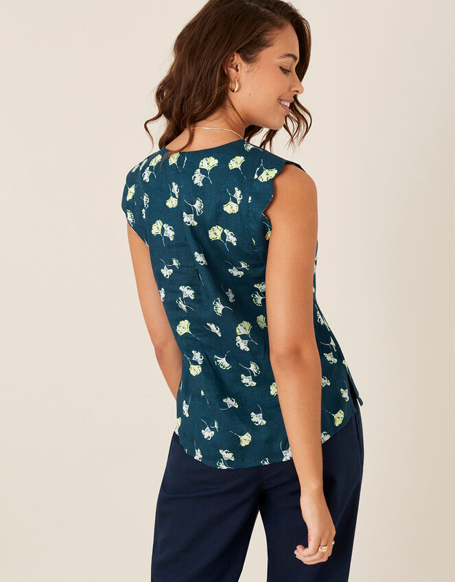 Printed Scallop Tank Top in Pure Linen, Teal (TEAL), large