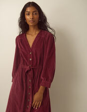 Allison V-Neck Belted Corduroy Midi Dress, Red (BERRY), large