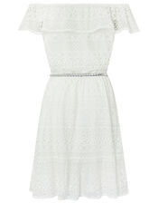 Leah Lace Bardot Dress with Belt, Ivory (IVORY), large