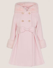 Faux Fur Hood Double-Breasted Coat, Pink (PINK), large