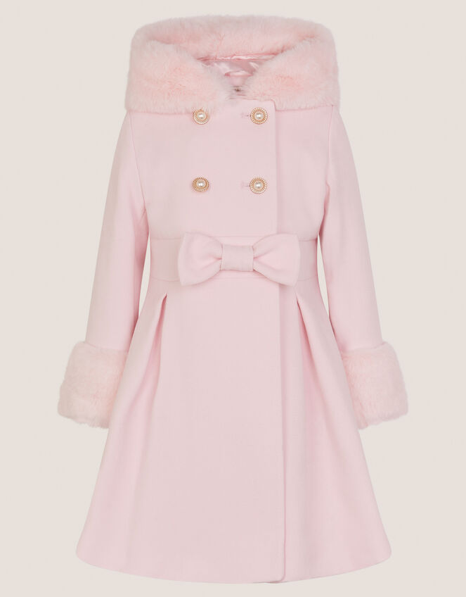 Faux Fur Hood Double-Breasted Coat, Pink (PINK), large