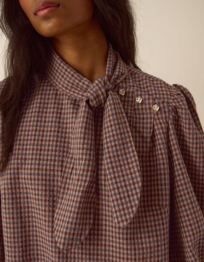 Myla Tie Neck Gingham Top, Brown (BROWN), large