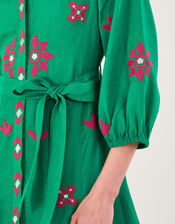 Embroidered Shirt Dress in Linen Blend, Green (GREEN), large
