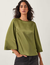 Ingrid Bell Sleeve Satin Blouse, Green (OLIVE), large