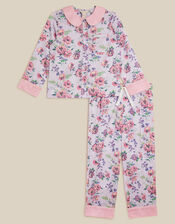 Floral Stripe Satin Long Pyjamas Set, Purple (LILAC), large