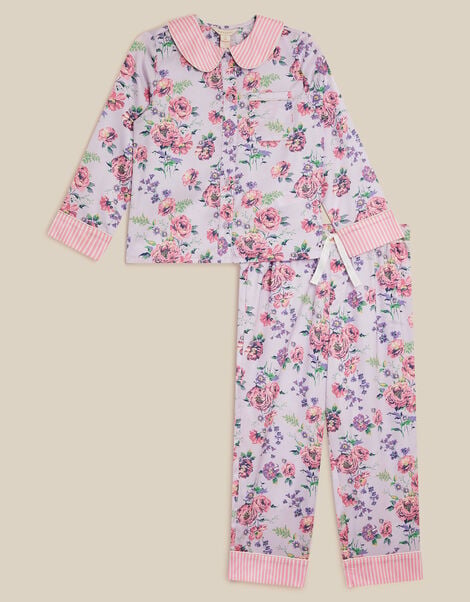 Floral Stripe Satin Long Pyjamas Set, Purple (LILAC), large