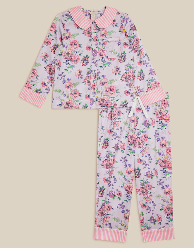 Floral Stripe Satin Long Pyjamas Set, Purple (LILAC), large