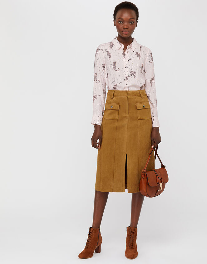 Sally Suedette Midi Skirt, Tan (TAN), large