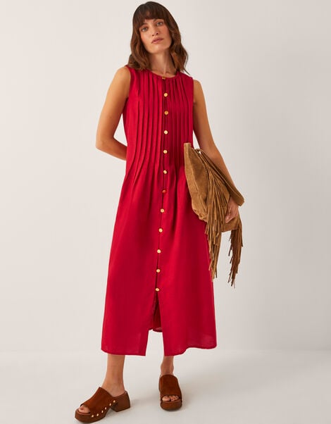 Monica Linen Blend Pleated Midi Dress, Red (RED), large