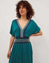 Jacqui Embroidered Jersey Midi Dress, Teal (TEAL), large