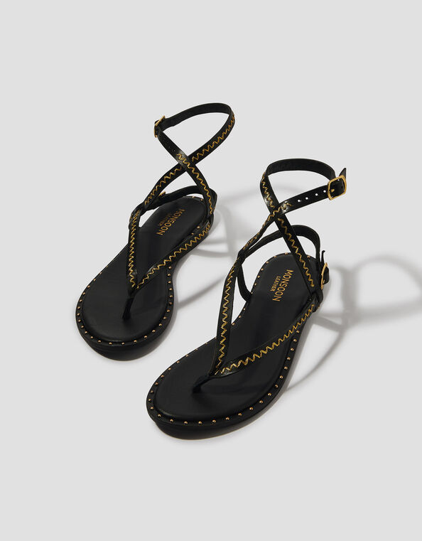 Cleo Stud Leather Strappy Flip Flop Sandals, Black (BLACK), large