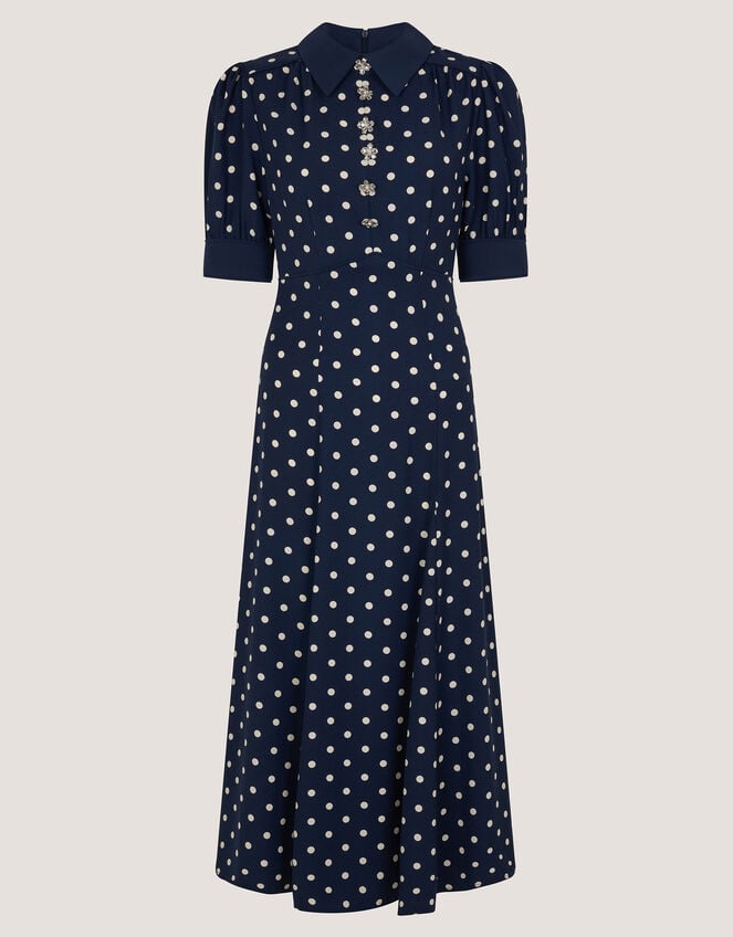 Kate Puff Sleeve Polka Dot Midi Dress, Blue (NAVY), large