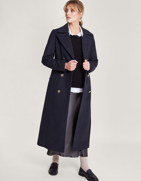 Lola Belted Wool Trench Coat, Blue (NAVY), large