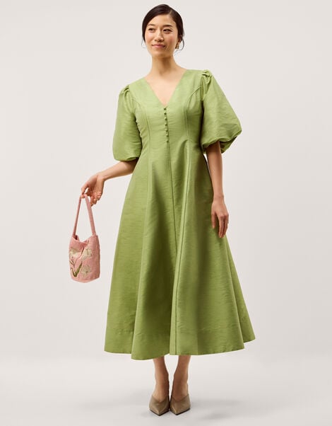 Beatrice Puff Sleeve A-Line Midi Dress, Green (PALE GREEN), large