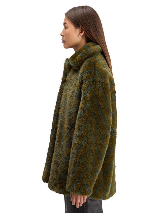 Scotch and Soda A-Line Chevron Faux Fur Coat, Green (OLIVE), large