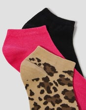 3-Pack Plain and Leopard Print Trainer Socks, , large