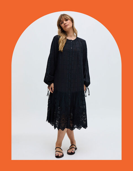 Raffya Olivia Embroidered Midi Dress, Black (BLACK), large