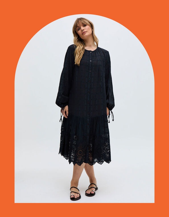 Raffya Olivia Embroidered Midi Dress, Black (BLACK), large
