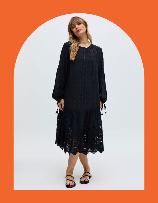 Raffya Olivia Embroidered Midi Dress, Black (BLACK), large